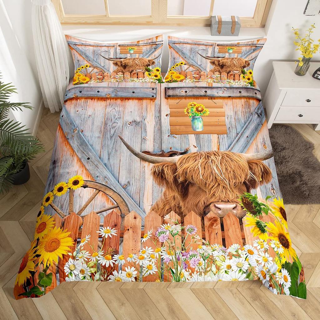 Kuh Bettbezug Set Twin King Size Bauernhoftier Bettwäsche Set Grüner Rankenblätter Druck Bettdeckenbezug Rustikale Holzbrett Steppdecke