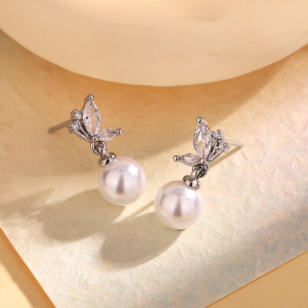 New French Design Pearl Zircon Butterfly Wing Earrings In Fairy Style with Shell Beads