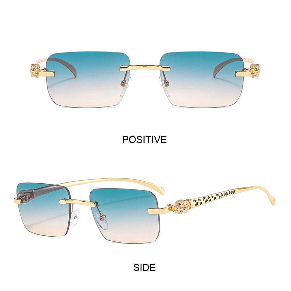 Rimless Leopard Head Decorated Sunglasses Gradient UV Protection Transparent Lens Shades Rectangular Sun Glasses for Women