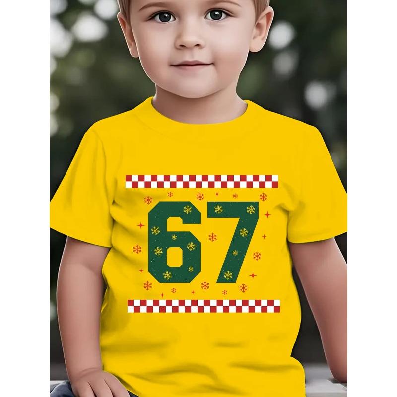 European sizes Summer Boys' Stylish Short-Sleeve T-Shirt for 'Christmas' Featuring a Red And White Checkered Pattern And Snowflake Cartoon Print