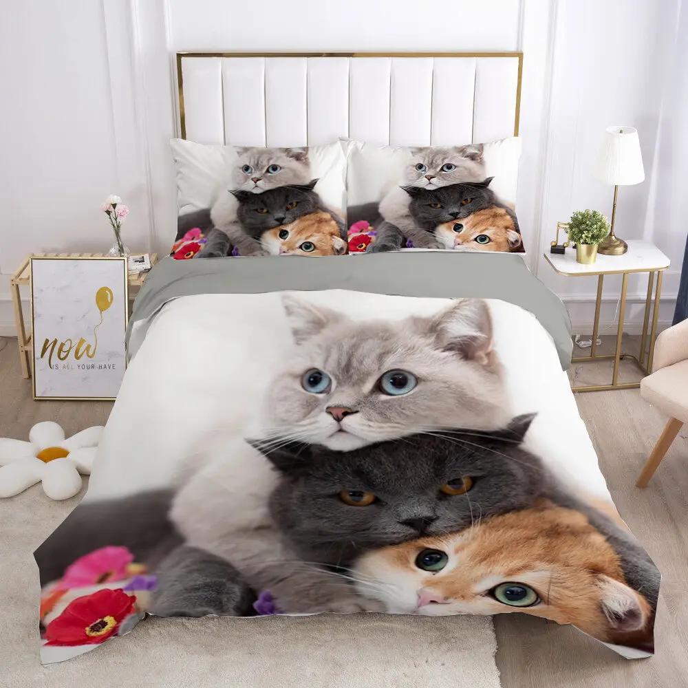 Cat Duvet Cover Set Lovely Animal Kitten Printed Quilt Cover Kids Teens Girl Animal Double Queen King Size Polyester Bedding Set