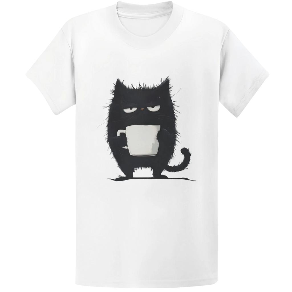 Gildan 5000 Grumpy Black Cat Coffee T-Shirt - Kawaii Tired Cat Lover Gift Tee