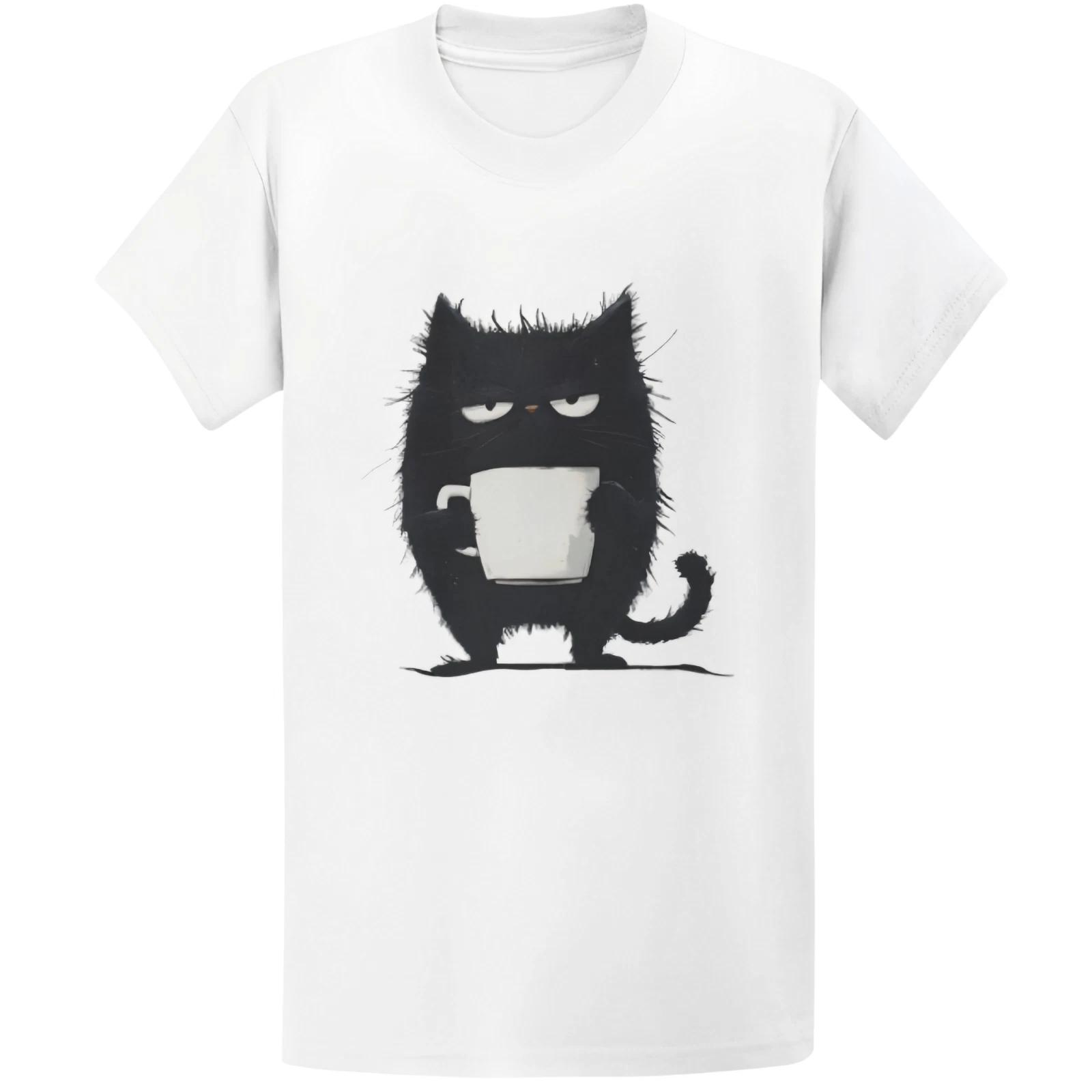 Gildan 5000 Grumpy Black Cat Coffee T-Shirt - Kawaii Tired Cat Lover Gift Tee 2XL