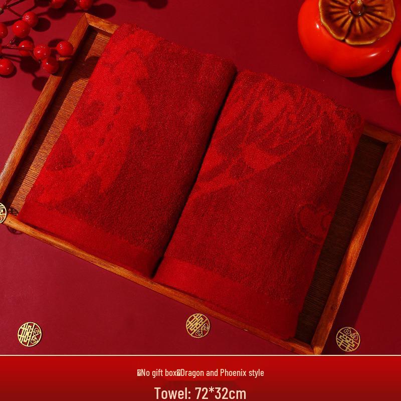 Red Wedding Towel Pair with Festive Gift Bag - Dowry Face Washing Souvenir