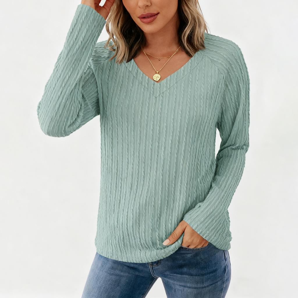 Women's Fashionable Solid Color V Neck Long Sleeved Casual Pullover T-shirt Top