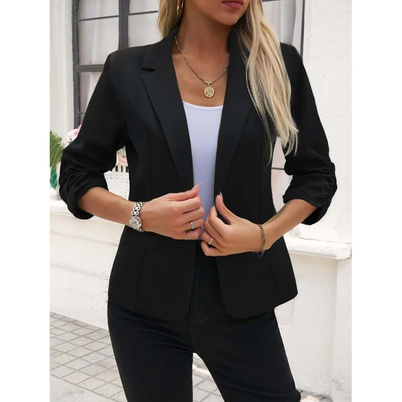 Womens Slim Fit Blazer Jacket 7/8 Sleeve Office Wear Business Casual Workwear Pure Color