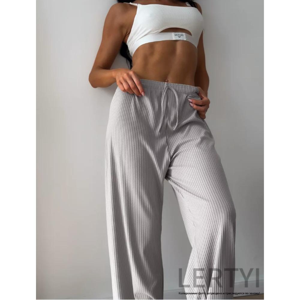 Women's Ribbed Drawstring Elastic Waist Wide Leg Loose Casual Lounge Pants Summer Trousers