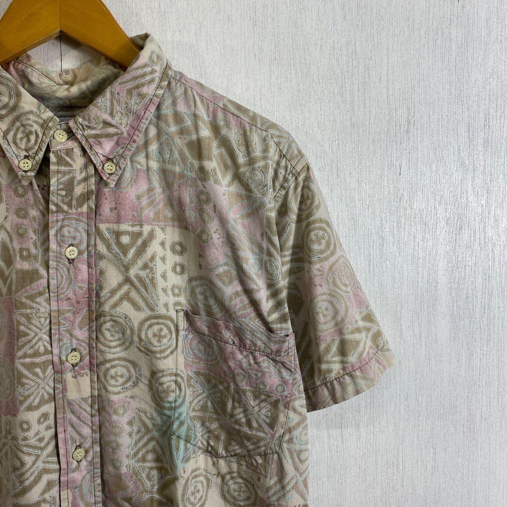 Used 90s Reyn Spooner Hawaiian Shirt Aloha Short Sleeve BD Reverse Print Inside Out All Over Pattern Ethnic Pattern Tribal Old Clothes VINTAGE Beige