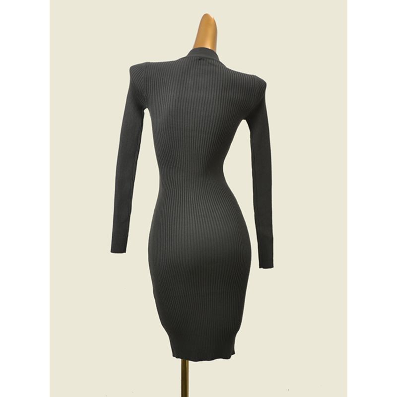 Thread High Elasticity Long Sleeves Knitted Hip Skirt Fashion Wind Sexy Silm Slim Looking Metal Zipper Dress