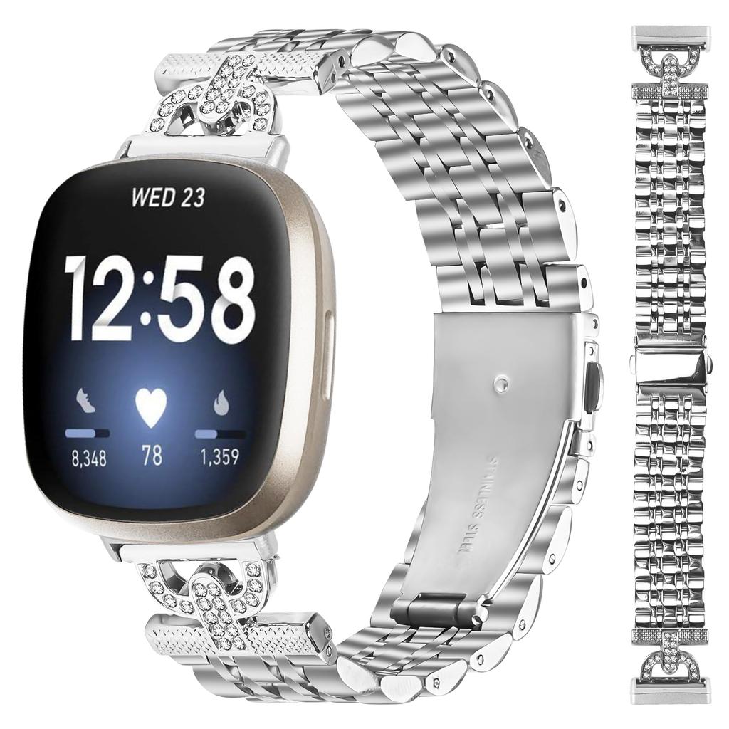 For Fitbit Versa 3/Sense Watch Band 7-Bead D-Shape Rhinestones Decor Silver Stainless Steel Strap