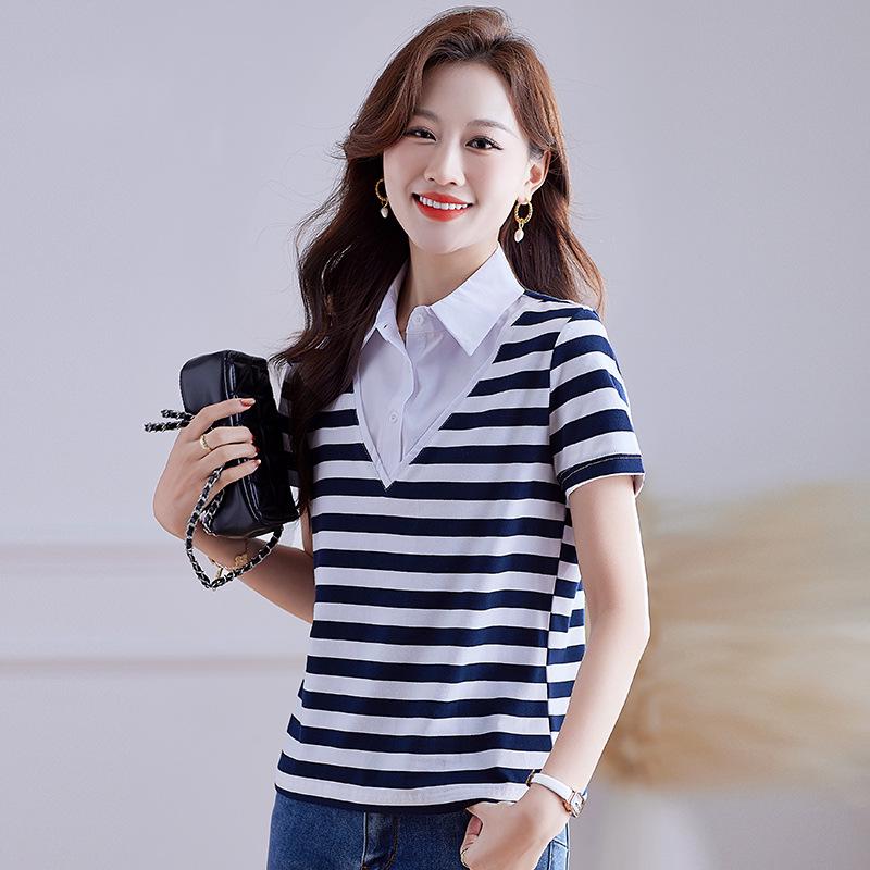 

Женская летняя рубашка-поло свободного кроя с воротником – имитация двухкомпонентной рубашки, в полоску, короткий рукав, чистый хлопок 2XL (125-135 jin) синий