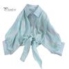 Women Sun Protection Shirt Lapel 3/4 Sleeve Rainbow Bright Color Shirt Single Breasted Bow Tie Style Top Thin Chiffon Shirt