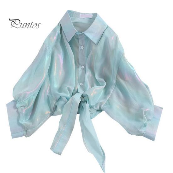 Women Sun Protection Shirt Lapel 3/4 Sleeve Rainbow Bright Color Shirt Single Breasted Bow Tie Style Top Thin Chiffon Shirt