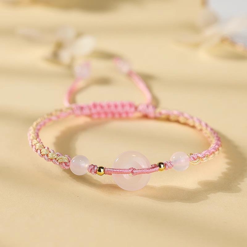 Peace buckle couple s bracelet, handmade woven bracelet for women, men s braided bracelet, agate chalcedony jade couple s bracelet Cherry Blossom Pink Peace