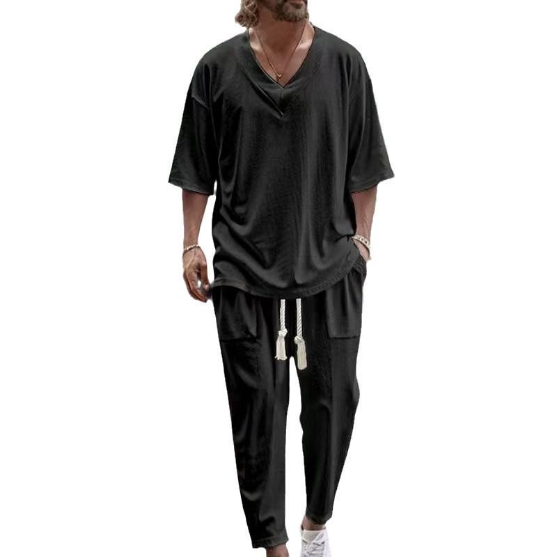 Men's Cotton Linen V-Neck T-Shirt & Long Pants Beach Set - Spring/Autumn Casual Wear