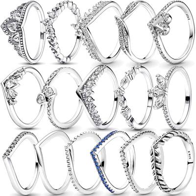 Authentischer 925er Silberring, Prinzessinnenkrone, funkelndes Liebesherz, CZ-Ring für Frauen, Verlobung, Pandor-Schmuck, Jahrestagsgeschenk