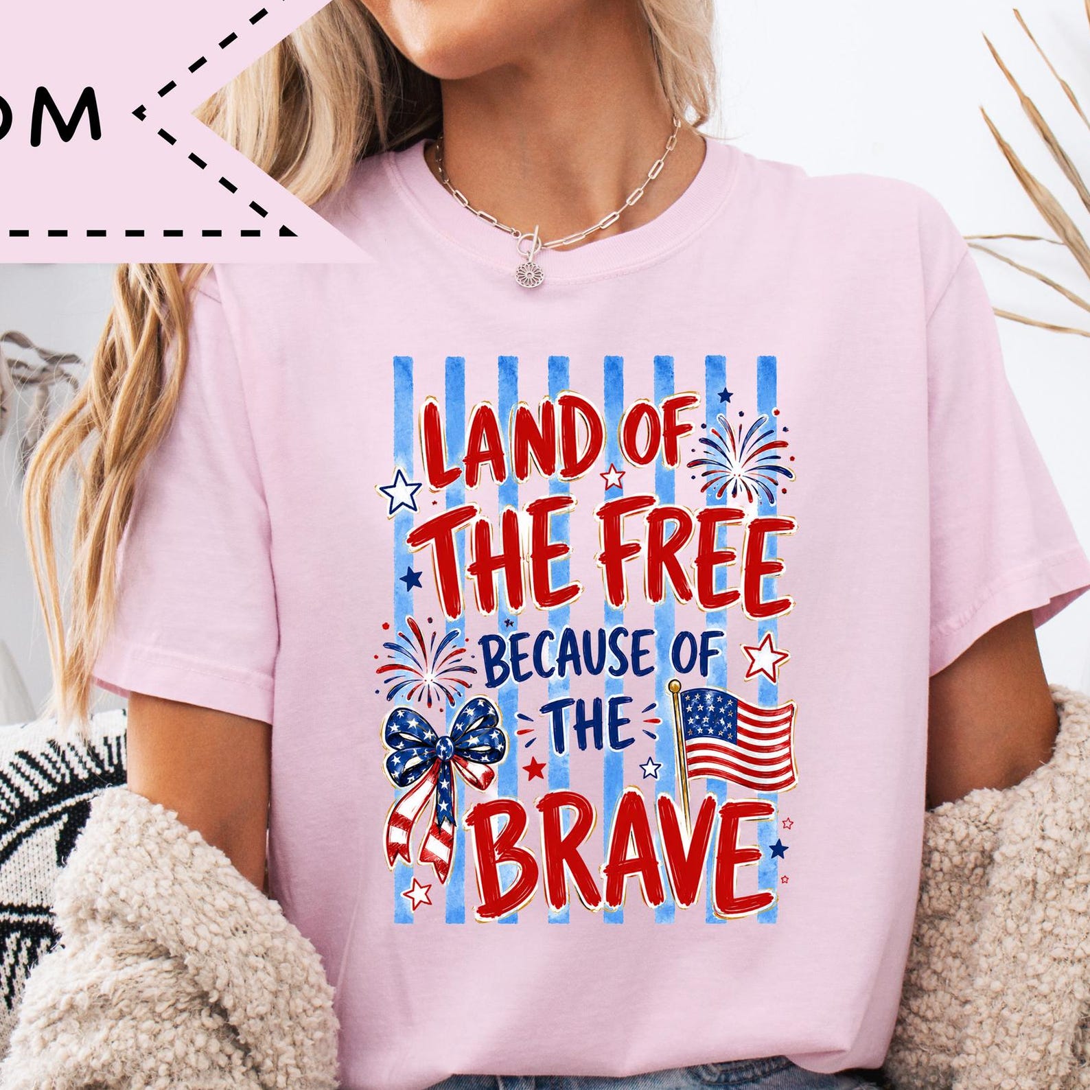 Land of the Free Because of the Brave 4th of July Patriotic Freedom Tee, Boho Independence Day Shirt S