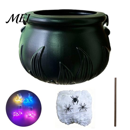 Dark Style Photo Prop Light Up Witch Cauldron DIY Set, Halloween Glowing Black Plastic Bowl with Spiders, Craft Kit Spooky Hocus Pocus Candy