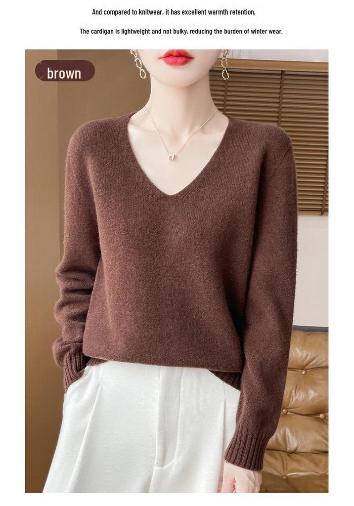 Women's V-Neck Thickened Wool Knit Sweater – 100% Pure Loose Fit