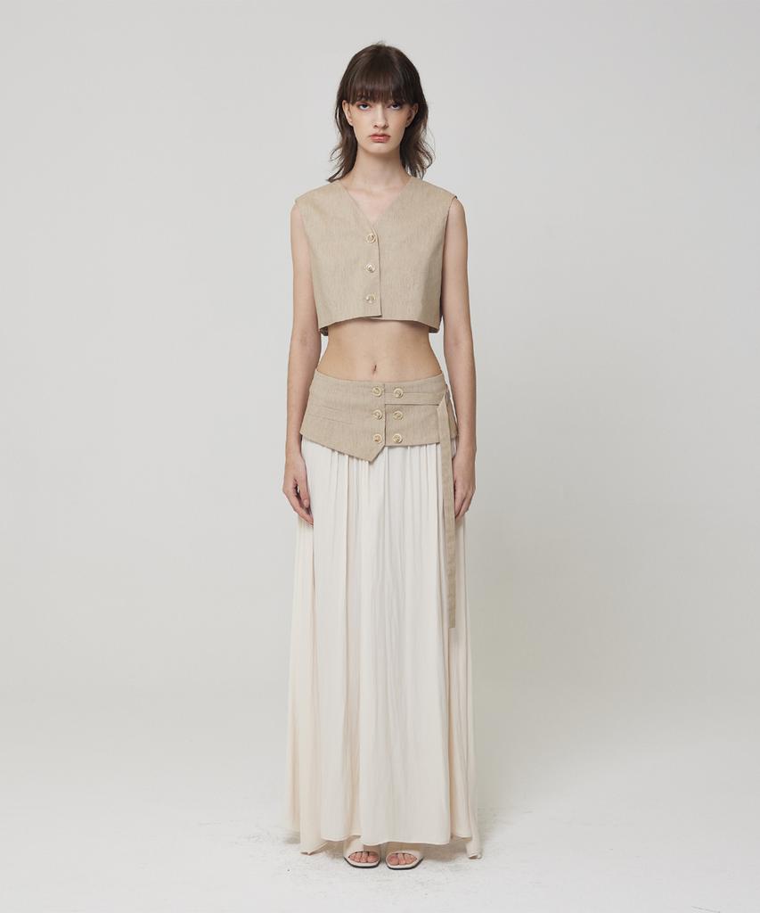 Meuameu Origami Crop Layered Chiffon Long Skirt