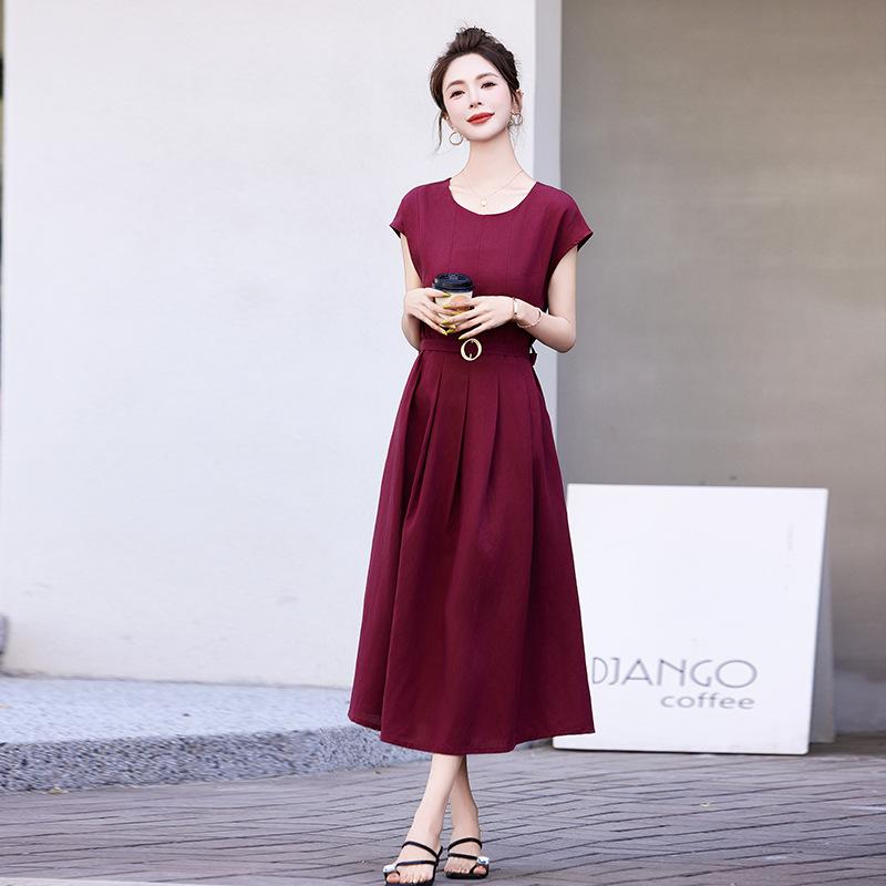 

Short-sleeved dress women s summer new light luxury design temperament commuting waist thin simple and generous skirt M бордовый