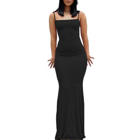 Women Sling Dress Sleeveless Square Collar Slim Fit Floor Length Dress Solid Color Office Party Wedding Sexy Dress