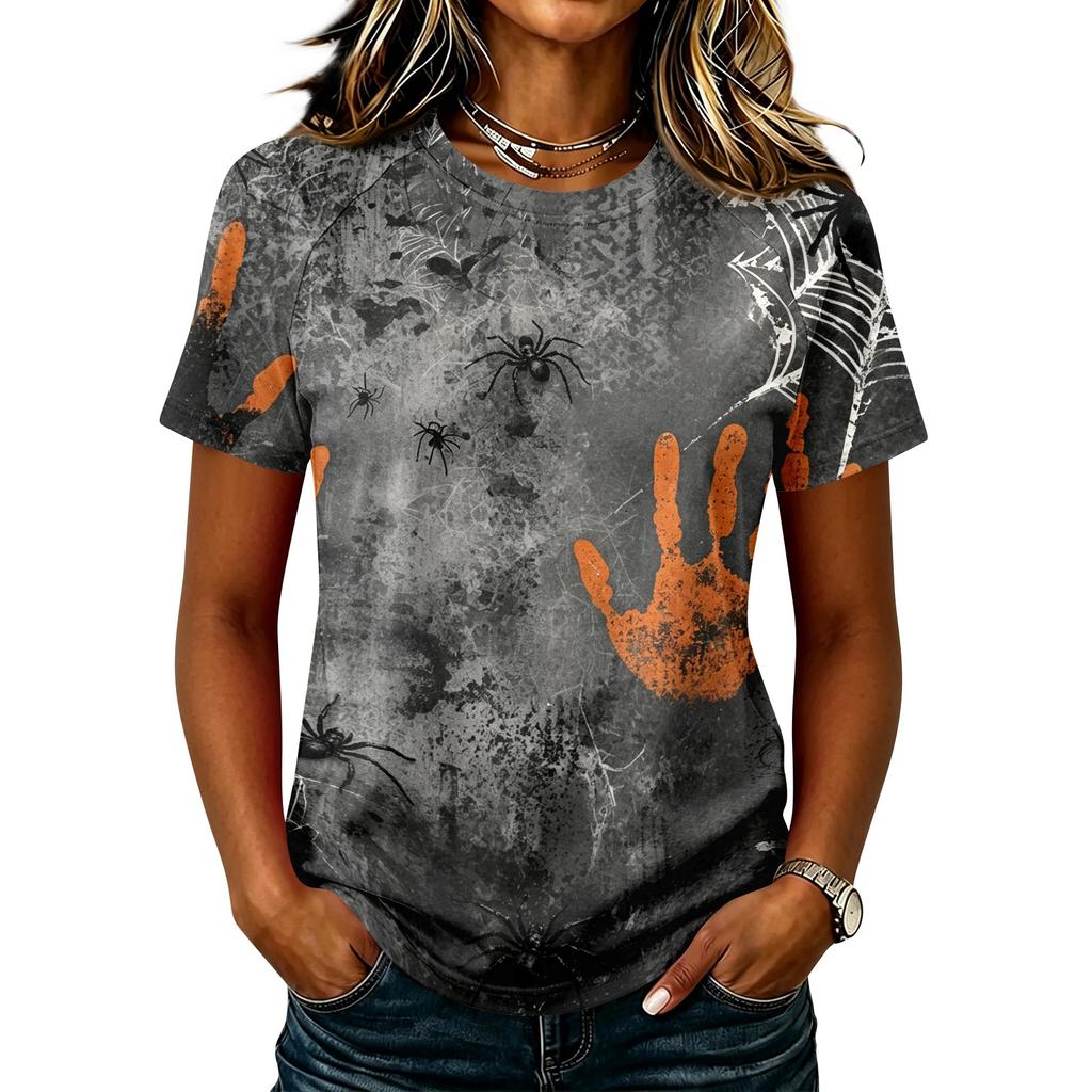 Camiseta Ligera Informal para Mujer con Mangas Raglán, Cuello Redondo y Manga Corta, Estampado Gráfico Temático de Halloween