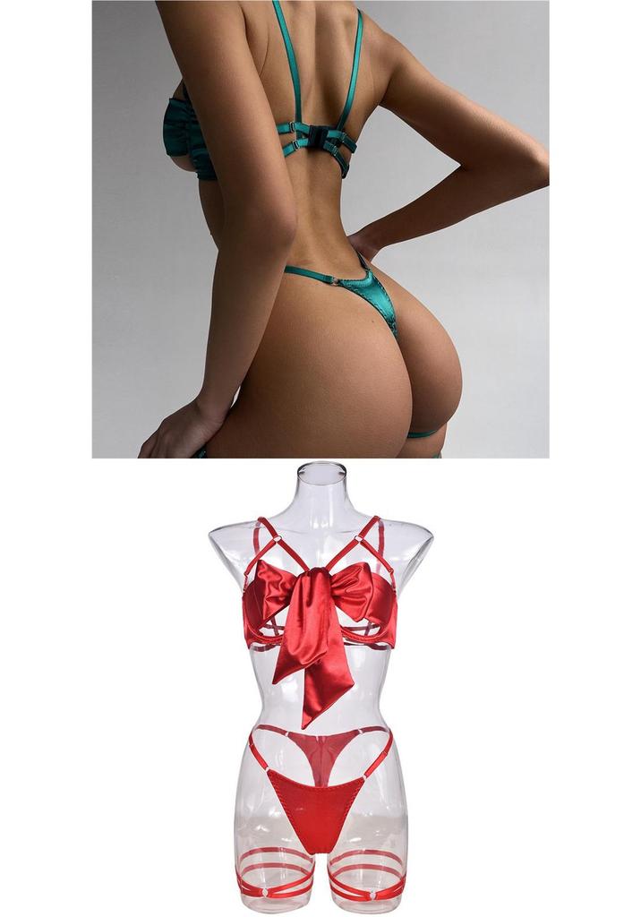 Elegant European & American Bow Hollow-Out Lingerie 3-Piece Underwire Set