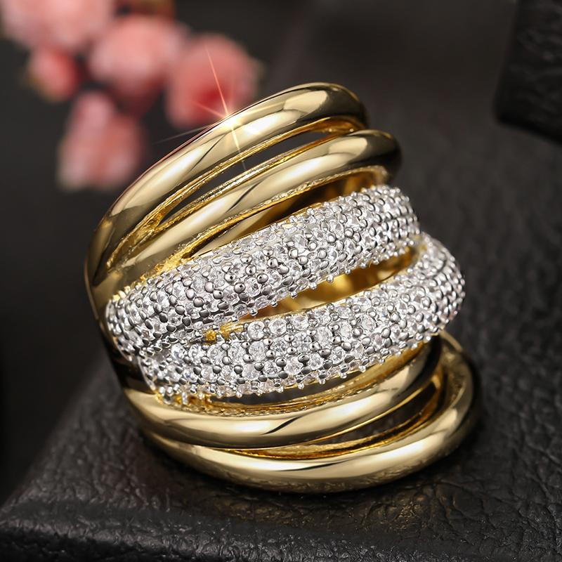 Huitan Irregular Multi-layer Rings for Women Luxury Two Tone Cubic Zirconia Rings Daily Wear Party Modern Fashion Female Jewelry