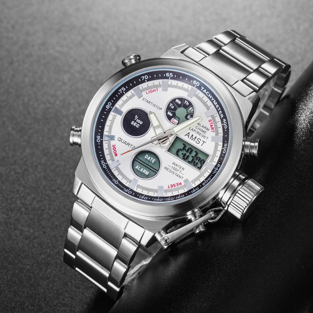 AMST Men Watch Top Luxury Brand Red Big Dial Sport Watches Mens Chronograph Quartz Wristwatch Date Male Clock Relogio Masculino