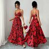 Women's V Neck Cutout Floral Print Maxi Dress Spaghetti Strap Backless Tie Waist Party Dress