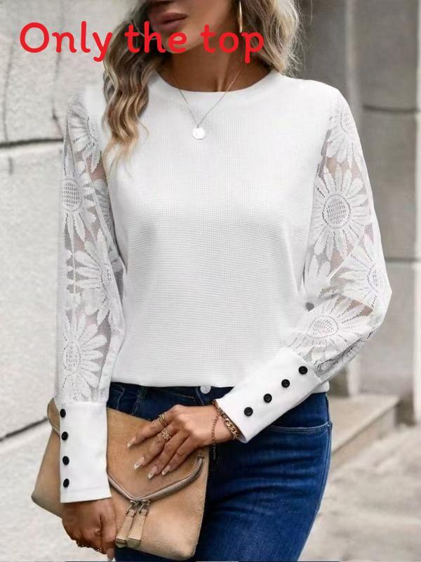 Casual Long Sleeve T Shirt With Embroidered Lace Panel For Spring Women