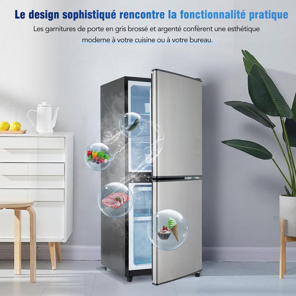 106L Energy-Saving Mini Fridge LED, 60L Refrigerator + 46L Freezer, 7 Temperature Settings, Adjustable Shelves, 166 Kwh/Year, 45db