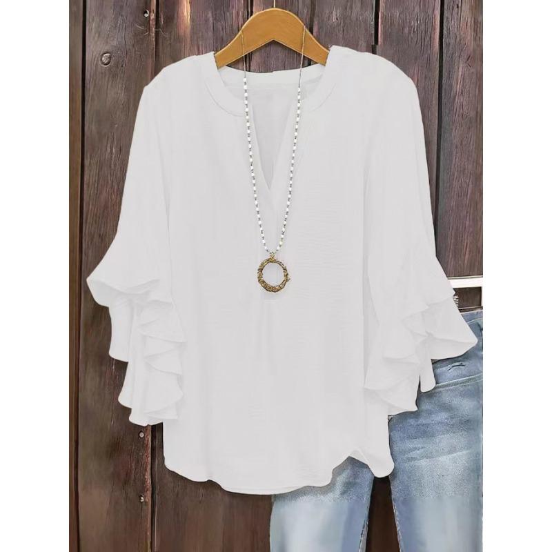 Fashion V-neck Loose Women Blouse Casual Plus Size Ruffled Seven Quarter Sleeve Shirt Spring Autumn Solid Color Sweet Simple Sweet Women's Clothing
