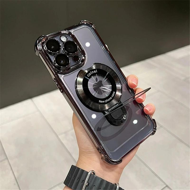 Luxury Shockproof Magsafe Clear Phone Case For iPhone 11 12 13 14 15 16 17 Pro Max Plus Magnetic With Holder Stand Bracket Cover