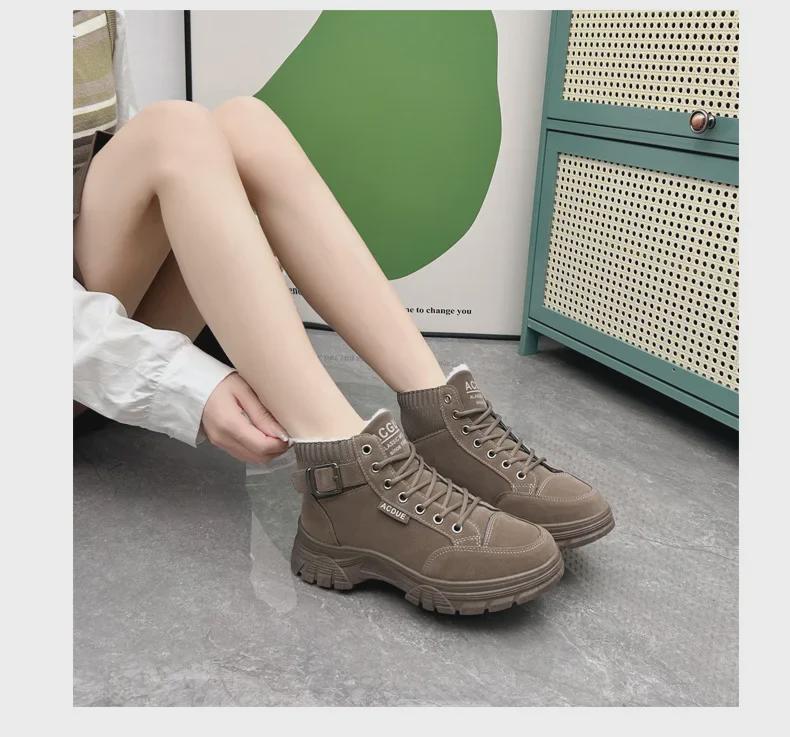 Ghete Martin de iarnă pentru femei din piele întoarsă - Vârf rotund, Talpă groasă, Căptușeală de catifea, Detaliu cu cataramă, Stil până la jumătatea gambei