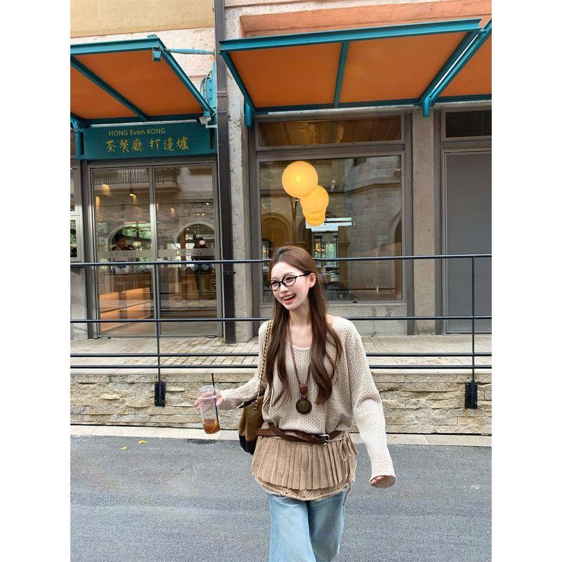 Kumikumi Fashion Suit Loose Long Sleeves Knitwear Women's Autumn High Waist Slimming Skirt Short Skirt Two-piece Set