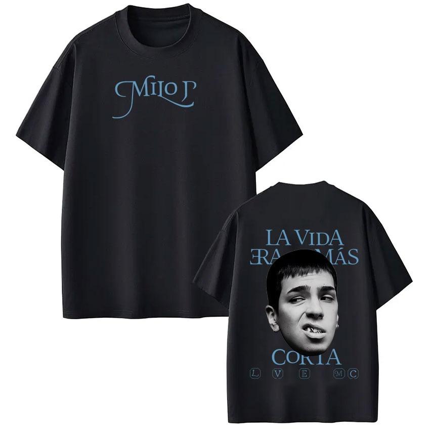 New Album Graphic Tshirt of Rapper Milo J La Vida Era Mas Corta for SpringSummer 2026fashion Hiphop Cotton Shortsleeved Top