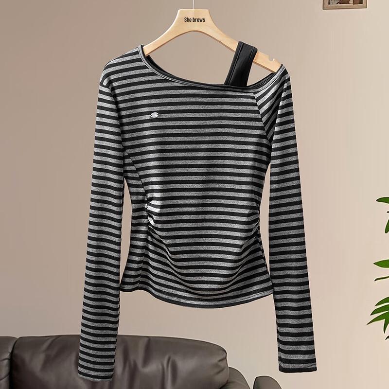Women's Striped Oblique Collar Off-Shoulder Long Sleeve T-Shirt