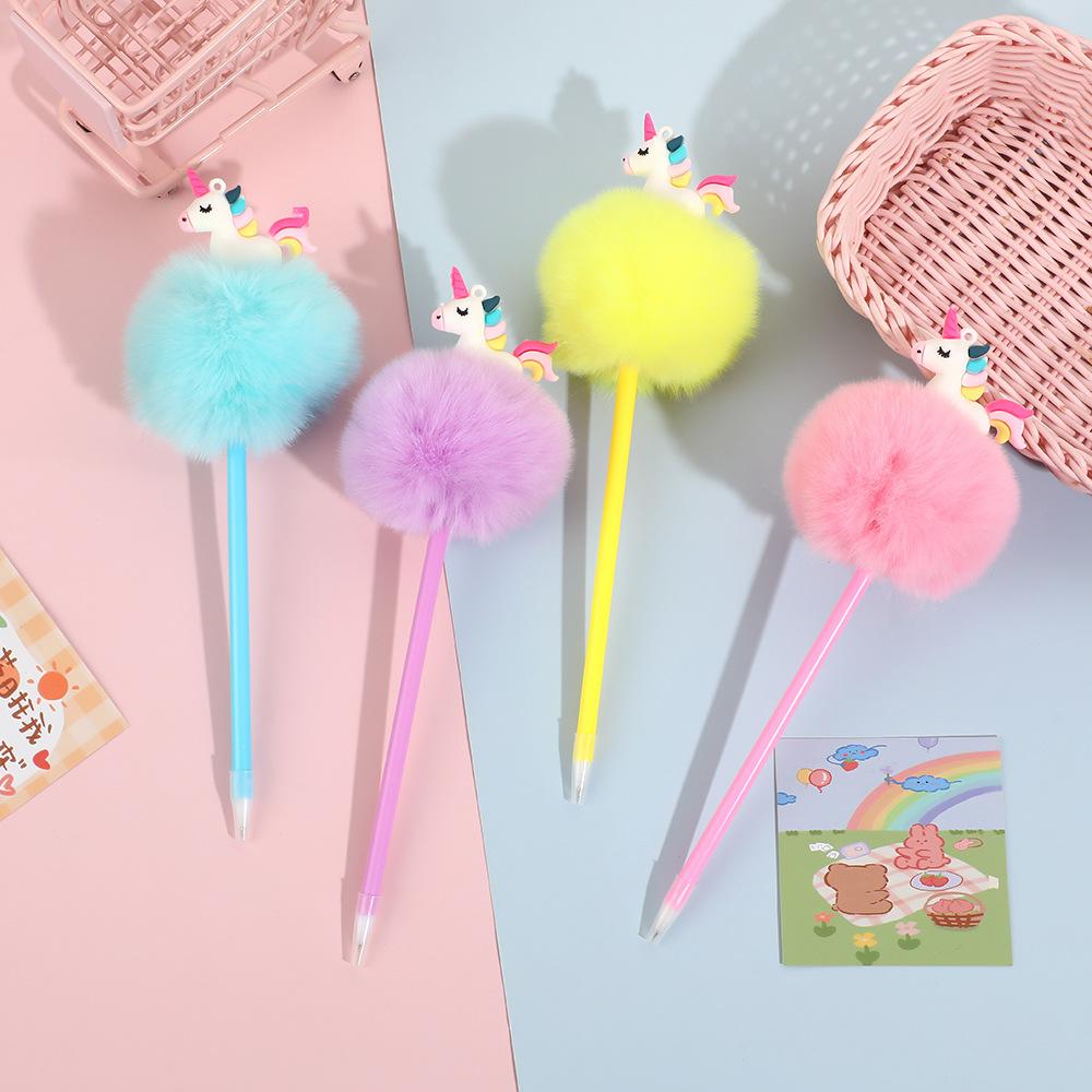 8Pcs Cartoon Unicorn Hairball Pen Cute Writing Ballpoint Pen Stationery Gift Pen Comfortable Grip Stationery School Office Supplies Student