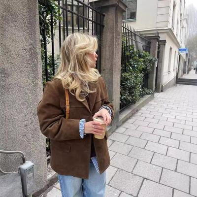 Autumn Winter Vintage Turn Down Collar Suede Fabric Blazers Women Loose Casual Solid Color All-match Suit Top