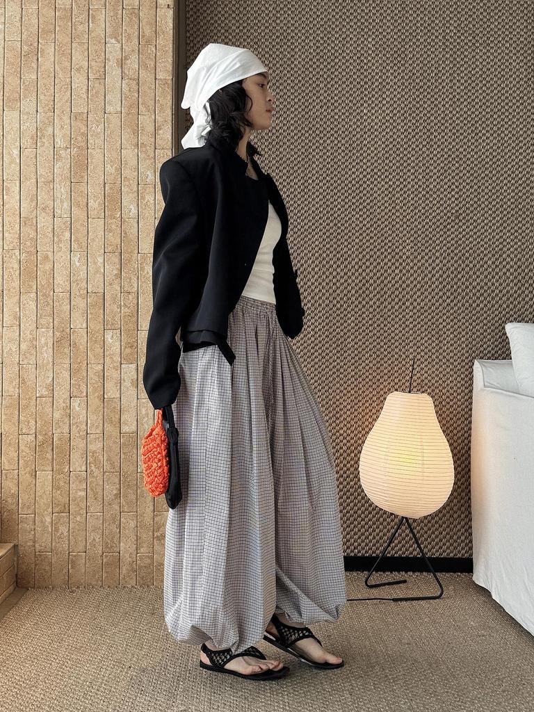 Xu Man Spring/Summer Paris Fashion Plaid Balloon Button Cuff Long Pants for Women
