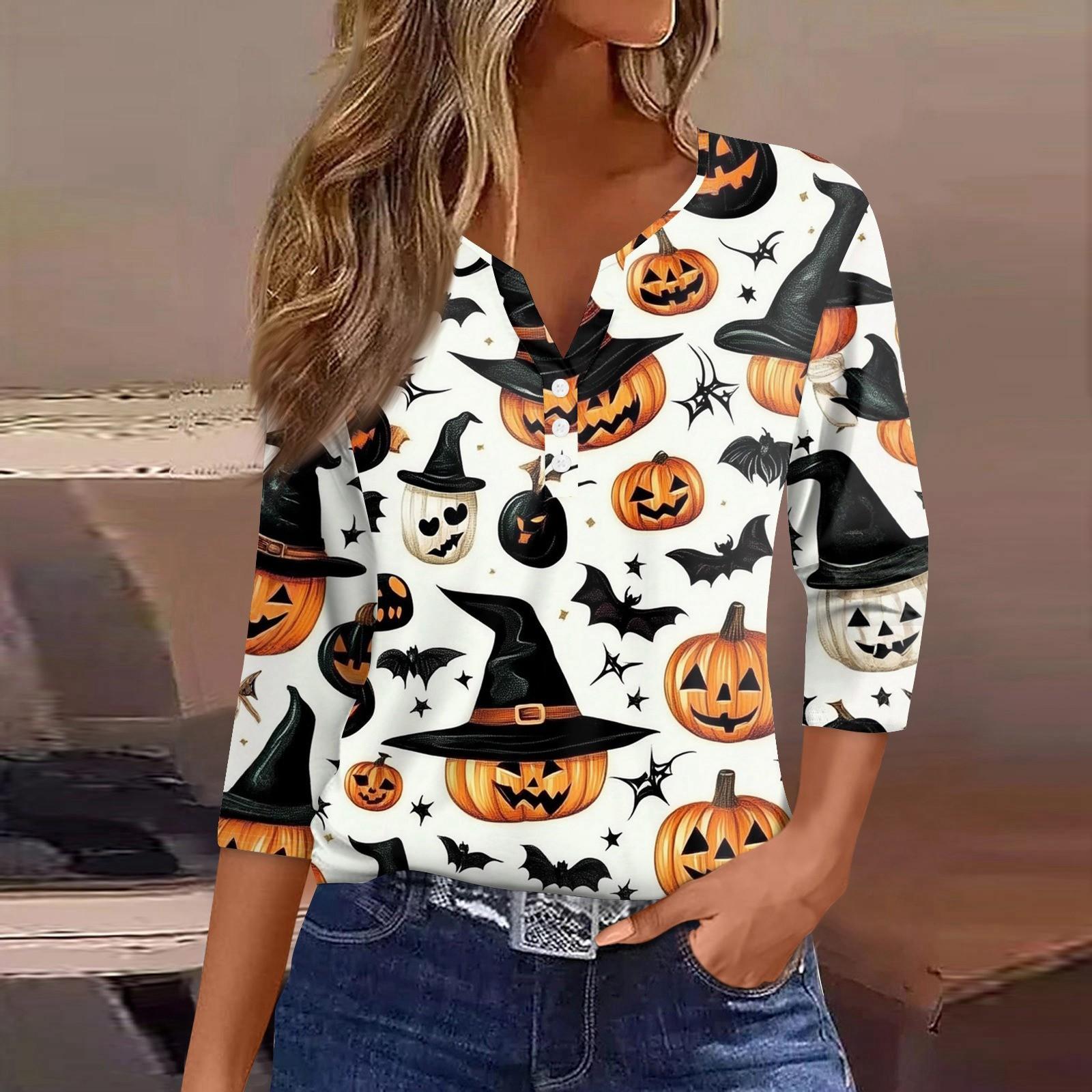 

Женская футболка Футболка Хэллоуин Принт Пуговица Рукав 3/4 Туника Повседневная Мода Выходного дня Базовая V-образный вырез Обычный топ S белый
