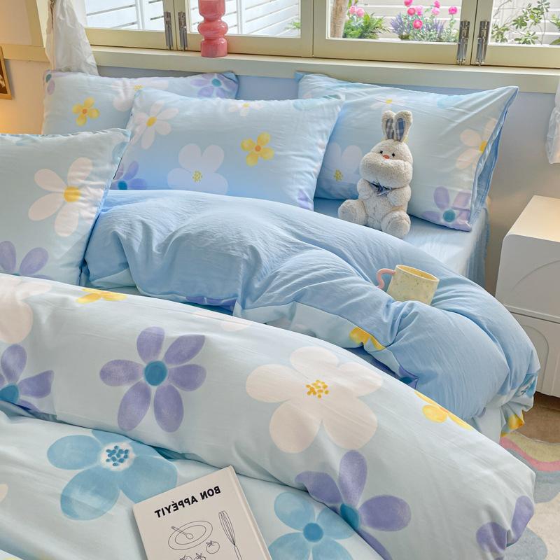Class A Maternal And Infant Grade Washed Cotton Four-Piece Set Cotton Cartoon Small Fresh Pure Cotton Mattress Quilt Cover 3Pcs Set