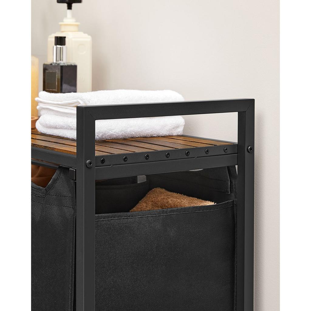 VASAGLE Laundry Basket, Laundry Hamper, Laundry Sorter with 3 Pull-Out and Removable Bags, 1 Storage Shelf, 38L Capacity per Bag, for Bathroom