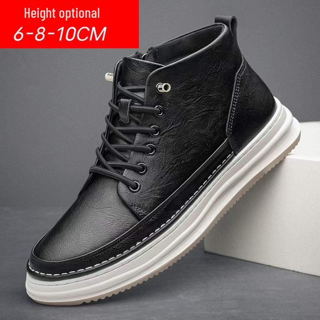 Men's Mid-Top Round Toe Lace-Up Leather Casual Shoes with Height Boost