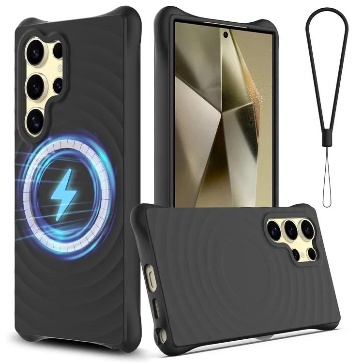 

For Samsung Galaxy S23 Ultra Magnetic Case with Strap Ripple Texture Liquid Silicone Phone Cover - Black