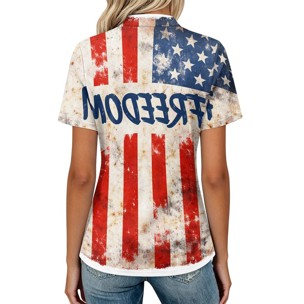 Women Casual Polo Shirt Loose Fit Short Sleeve Top American Flag Print Button Collar Summer Tee
