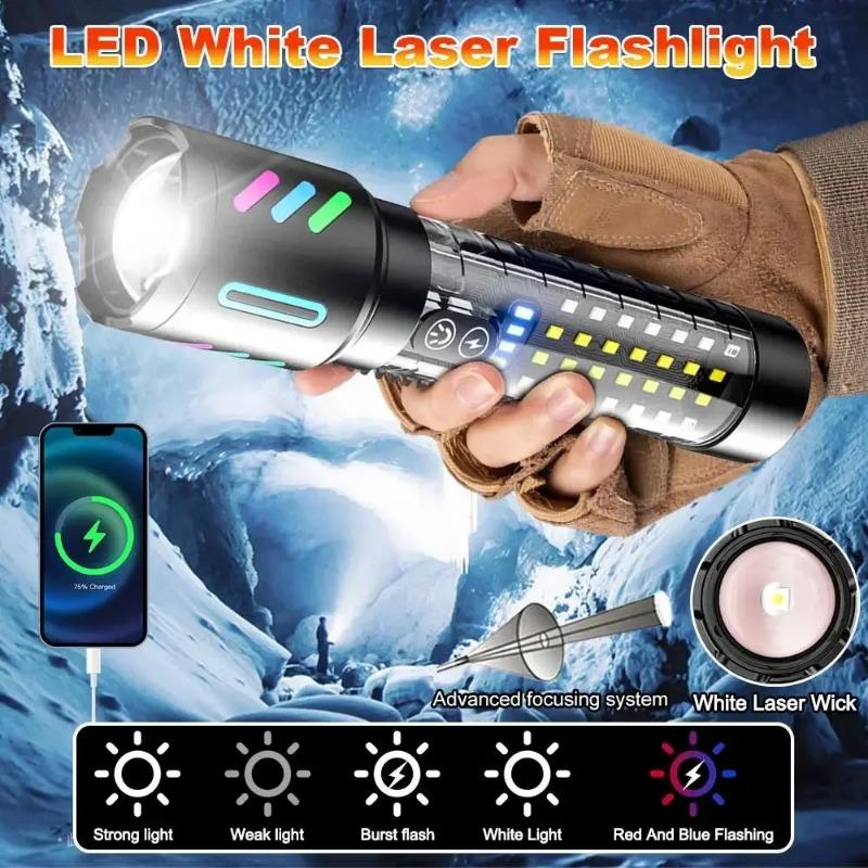 1800mAh Laser Lamp Beads LED Flashlight Type-C Charging Zoom Emergency Tactical Handheld Light Multi Functional Outdoor Hiking Camping