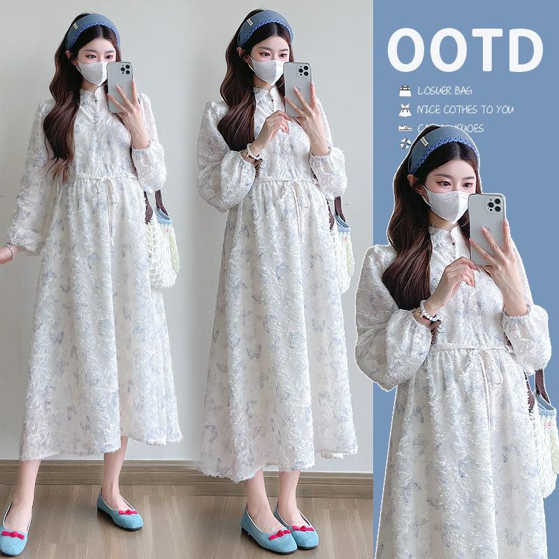 Hepburn Style Butterfly Jacquard Maternity Dress - High Quality, Long Sleeve, Early Spring 2026 Collection